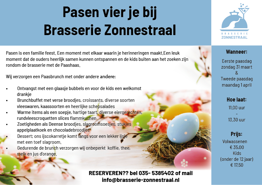 Brasserie Zonnestraal Pasen 2024 brunch Hilversum